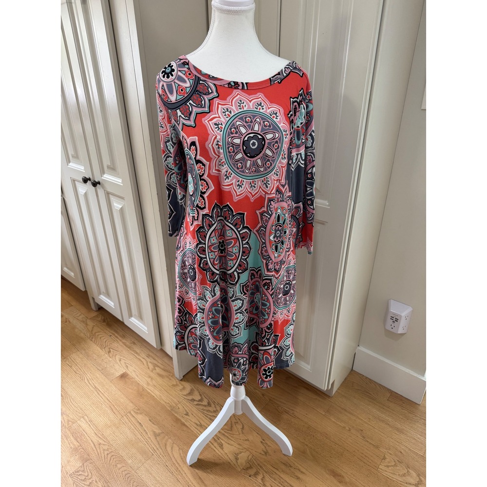 Women's Boho XL‎ Orange Gray Mandala Print 3/4 Sleeve Casual Shift Dress Pockets